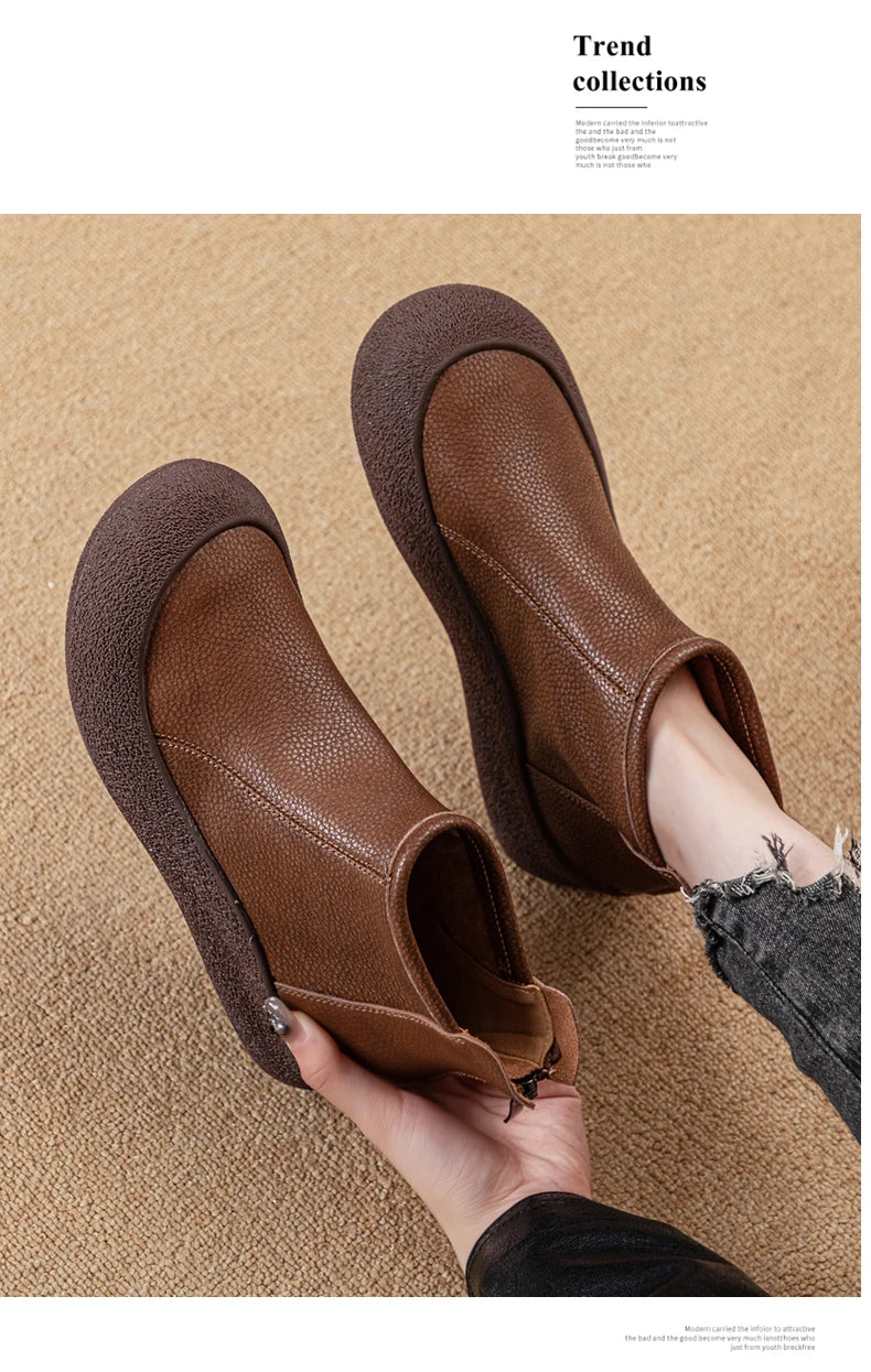 Damen-Stiefeletten aus Leder, flach, braun mit kurzem Innenfutter, runder Zehenpartie