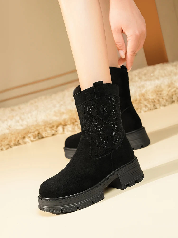 AIYUQI Western Cowboy Boots Women 2025 New Genuine Leather Winter Shoes Boots Women Short Tube Fashion Women's Snow Boots
