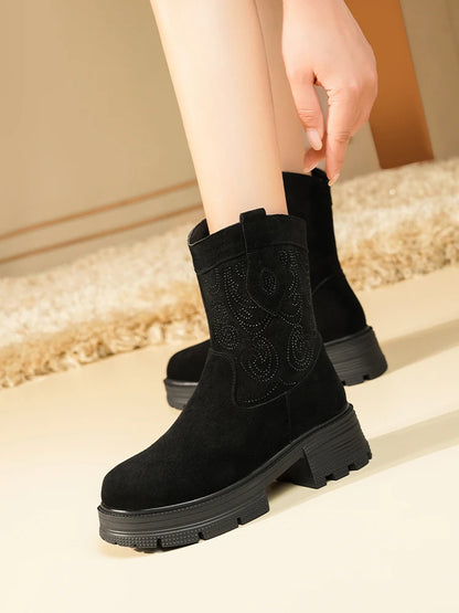 AIYUQI Western Cowboy Boots Women 2025 New Genuine Leather Winter Shoes Boots Women Short Tube Fashion Women's Snow Boots