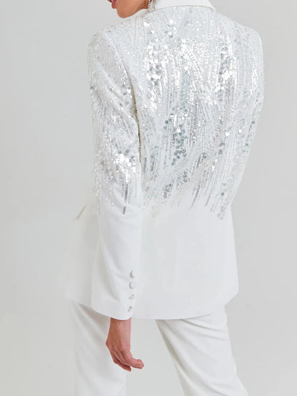 Elegantes Damen-Zweiteiler-Set mit langärmligem Kragenoberteil und hoch taillierter Hose mit Diamantdetails und Schlitz.