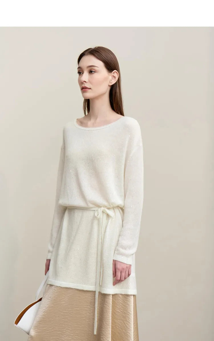 Gestricktes Longpullover-Top mit Rundhalsausschnitt, offwhite, mit Bindegürtel an der Taille