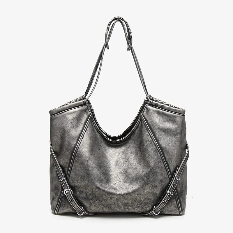 Damen-Schultertasche aus weichem PU mit verstellbaren Schnallenriemen und großem Fassungsvermögen dunkelgrau