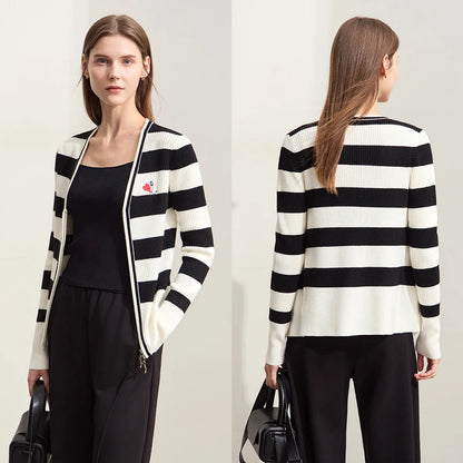 Damen-Strickjacke Kaschmir-Wolle Slim Streifen Reißverschluss Herbst