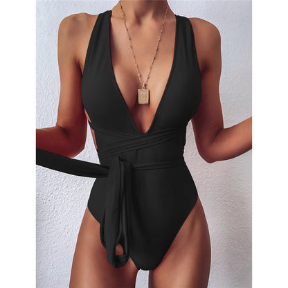 Damen-Badeanzug tiefer V-Ausschnitt Wickel Verband rückenfrei Monokini