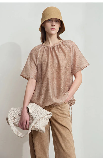 Damen T-Shirt im minimalistischen Sommer-Stil mit Kordelzug und Rundhalsausschnitt