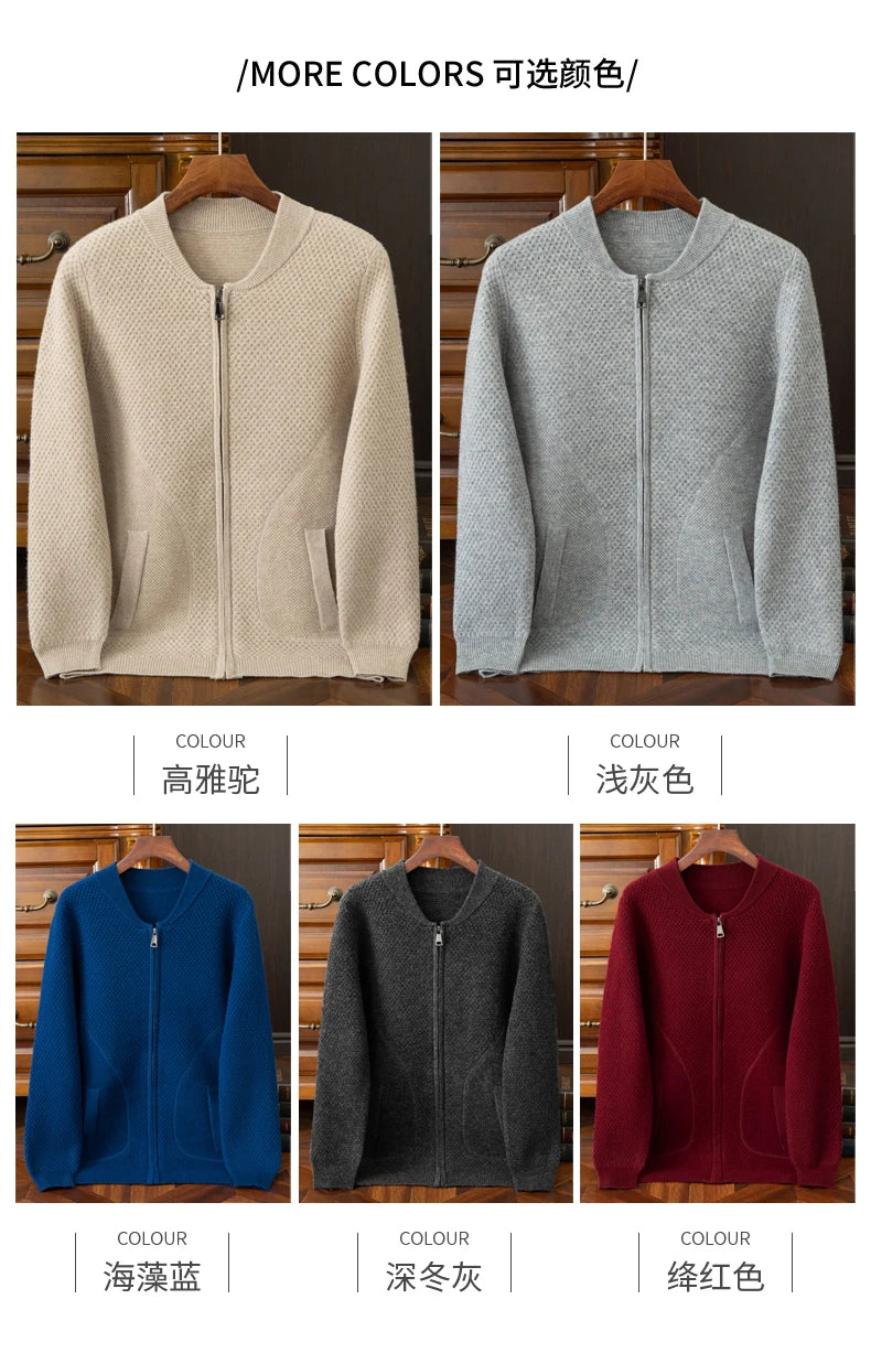 Herren-Strickjacke mit Baseball-Kragen, 100 % reine Wolle, Herren 2024, Herbst und Winter, verdickter lässiger Strickpullover, Jacke, Outdoor-Blazer