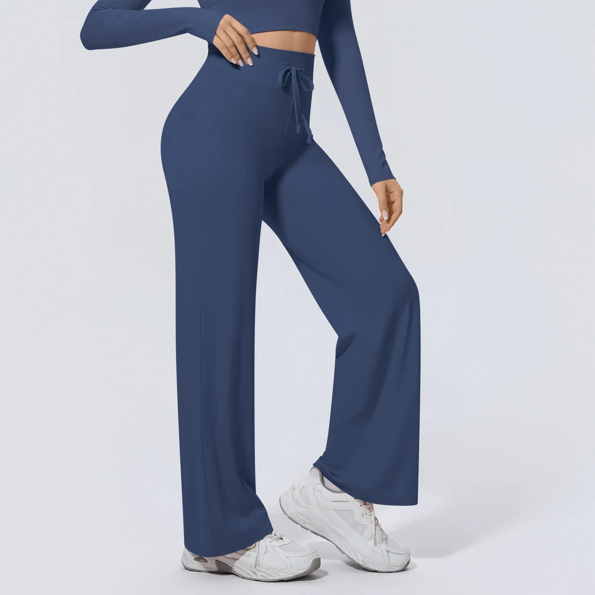 Dunkelblaue Yoga-Sommerhose mit weitem Bein und Kordel am Bund