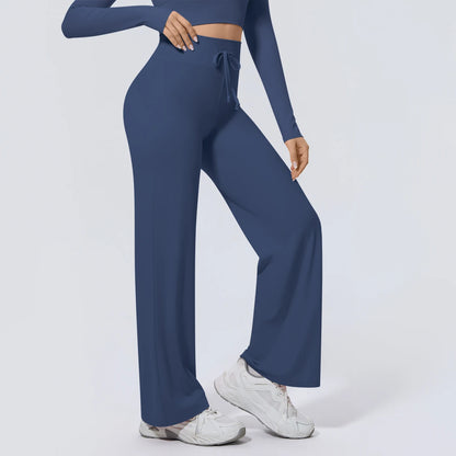 Dunkelblaue Yoga-Sommerhose mit weitem Bein und Kordel am Bund