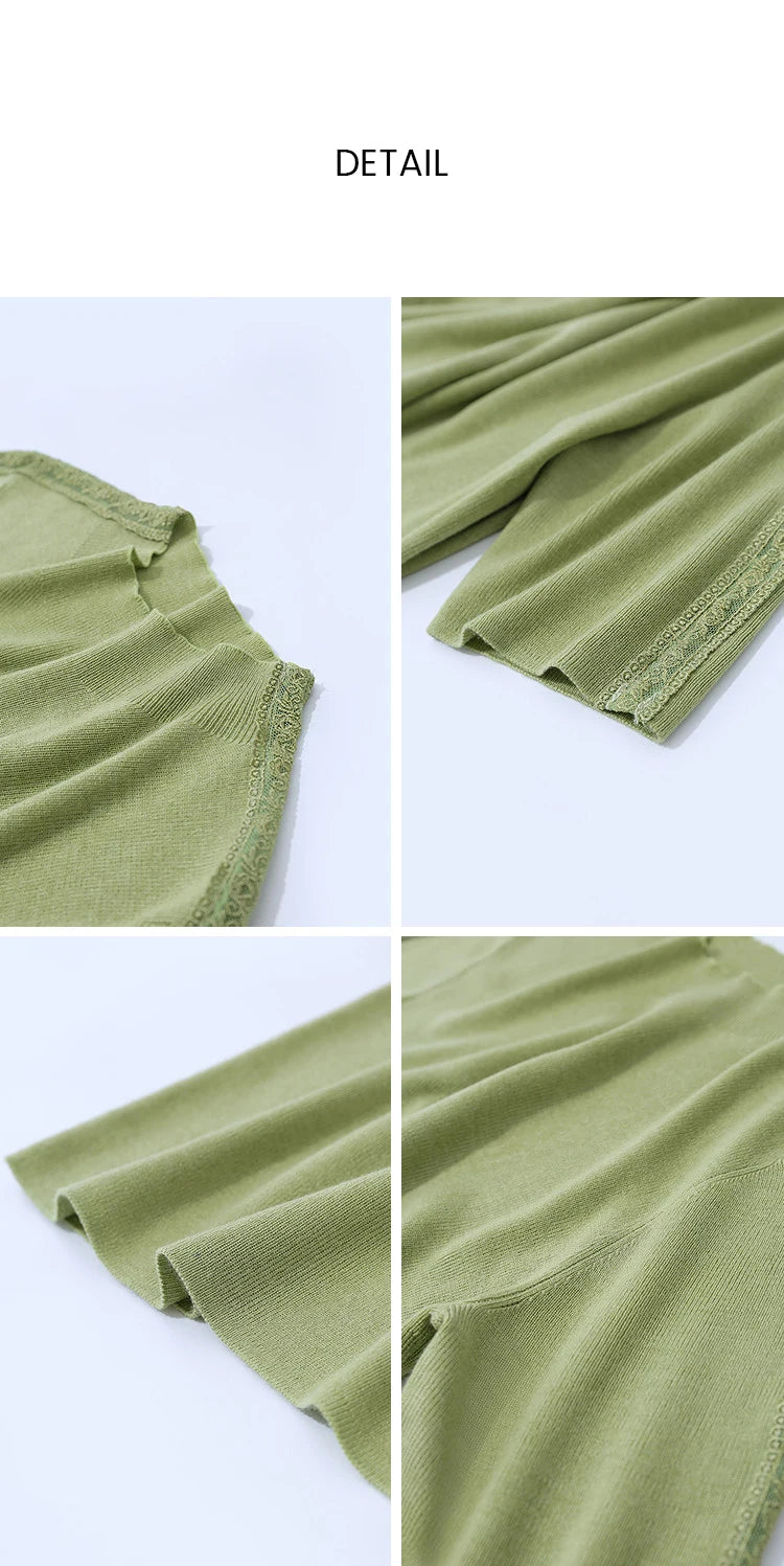 AMII Damenpullover in Olivgrün mit Lochmuster-Spitze, kurzärmelig, eng gestrickt
