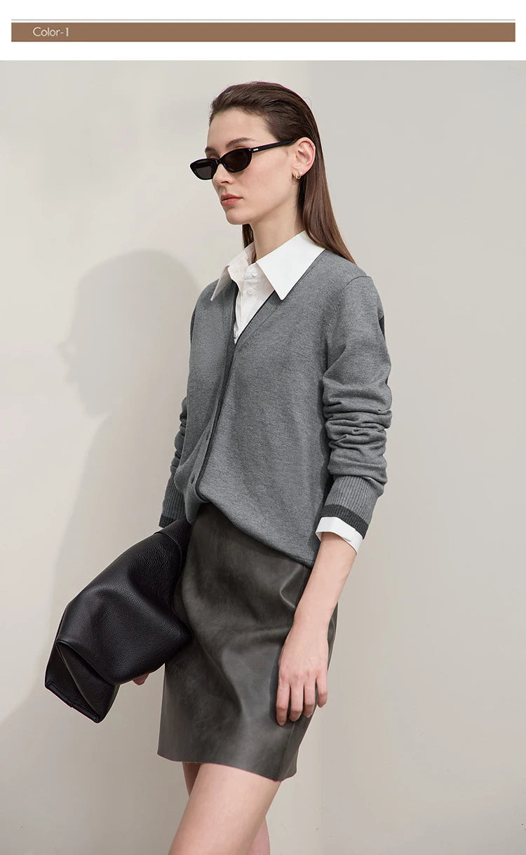 Damen-Strickjacke V-Ausschnitt koreanisch Fake-Zweiteilig Wolle locker Herbst