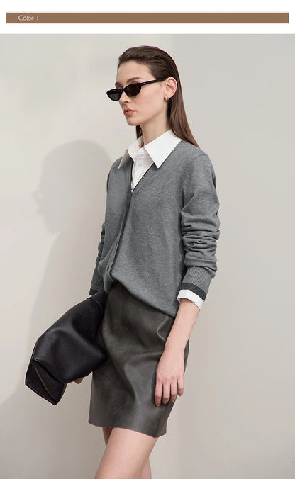 Damen-Strickjacke V-Ausschnitt koreanisch Fake-Zweiteilig Wolle locker Herbst