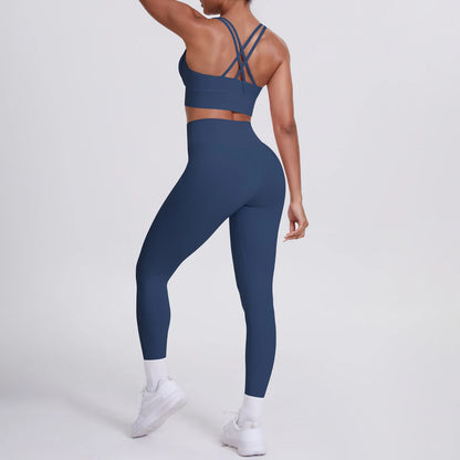 Damen-Fitness-Set: dunkelblaues High-Waist-Set mit gepolstertem Sport-BH und gekreuzten Trägern