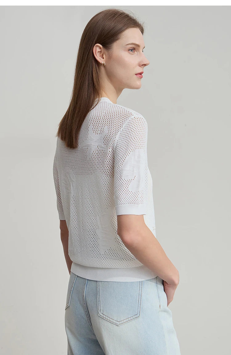 Damen Top im minimalistischen Ozean-Stil mit Perlenbesatz und durchbohrten Löchern