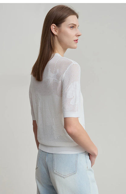Damen Top im minimalistischen Ozean-Stil mit Perlenbesatz und durchbohrten Löchern