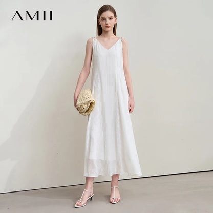 Ärmelloses Sommerkleid, V-Ausschnitt, helles Beige, fließender A-Linienrock
