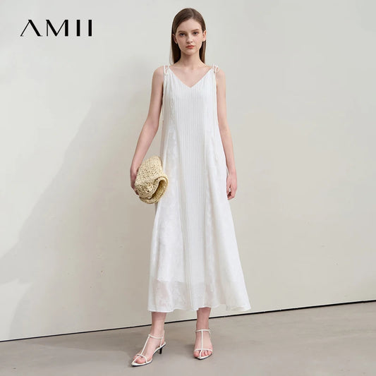 Ärmelloses Sommerkleid, V-Ausschnitt, helles Beige, fließender A-Linienrock