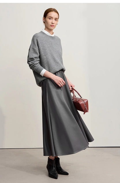Damen-Strickpullover grau mit O-Ausschnitt und langen Ärmeln