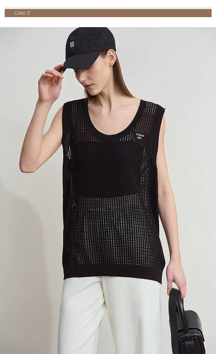 Damen V-Ausschnitt Pullover Viskose ärmellos Lochmuster Sommer