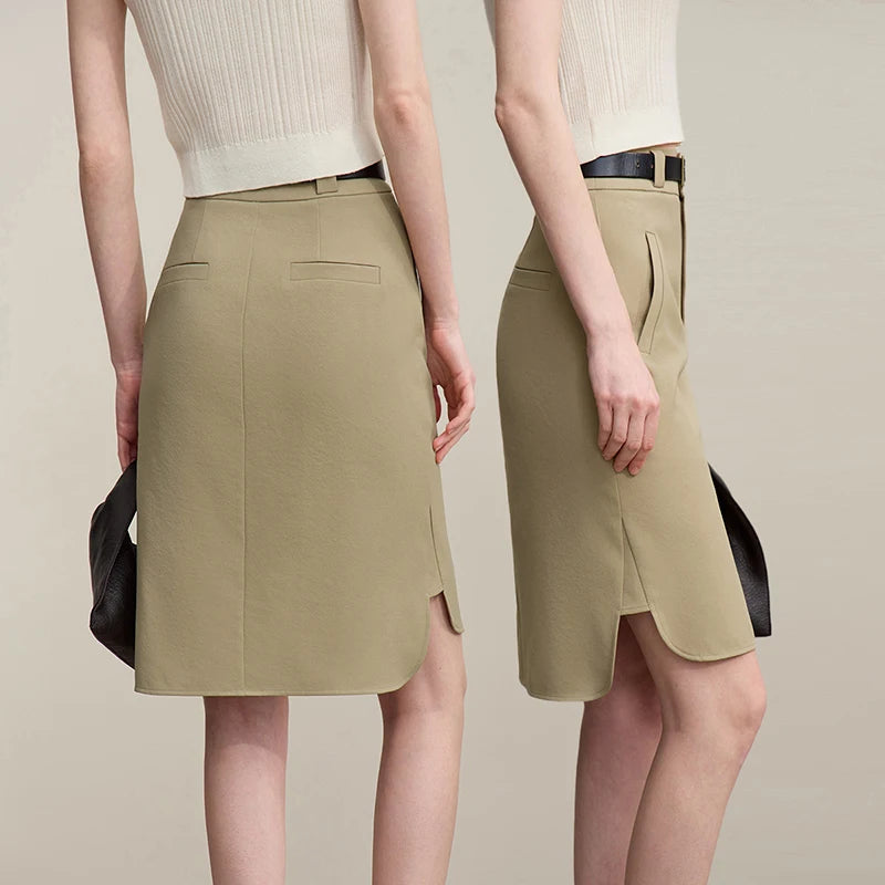 Khaki A-Linienrock mit Seitenschlitz und Taillenfalten vorn
