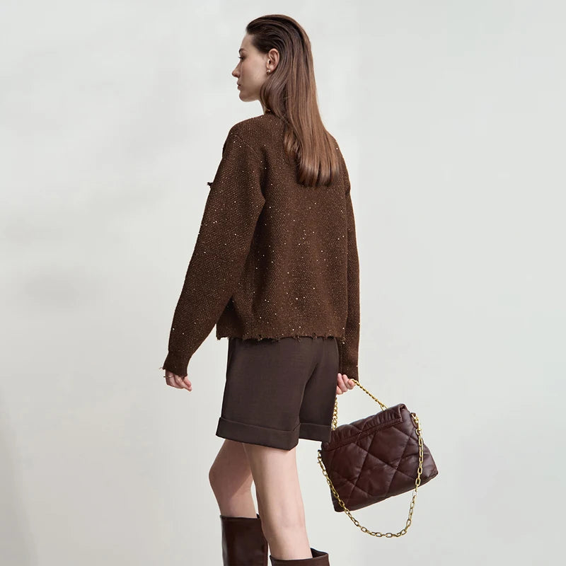 Damen-Strickjacke Rundhals englischer Stil einfarbig elegant Herbst