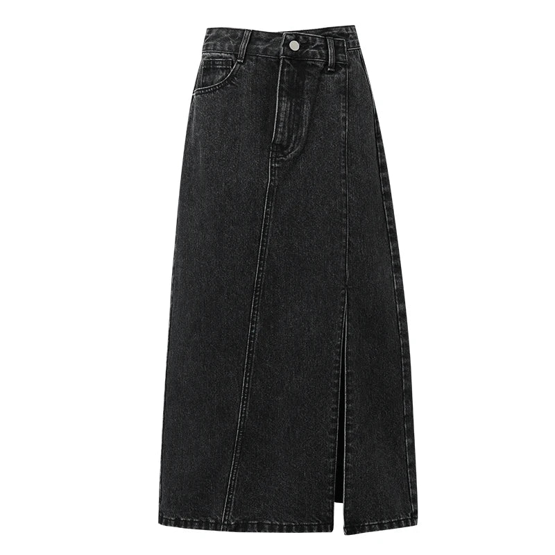 Schwarzer Jeansrock Midi, gerader Schnitt, Knopfleiste vorn und Seitenschlitz