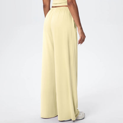 Yoga-Hose Damen mit weitem Bein, hoher Bund, gelblich-cremefarben