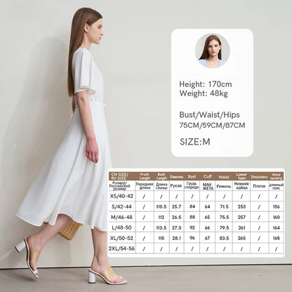 Elegantes Damen Chiffon Midi Kleid Mit Gürtel Business Look
