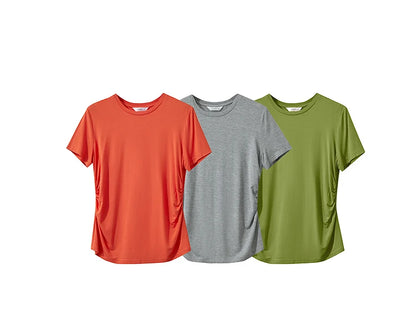 Damen Sommer-T-Shirt im minimalistischen Stil mit schmalem O-Ausschnitt und kurzen Ärmeln