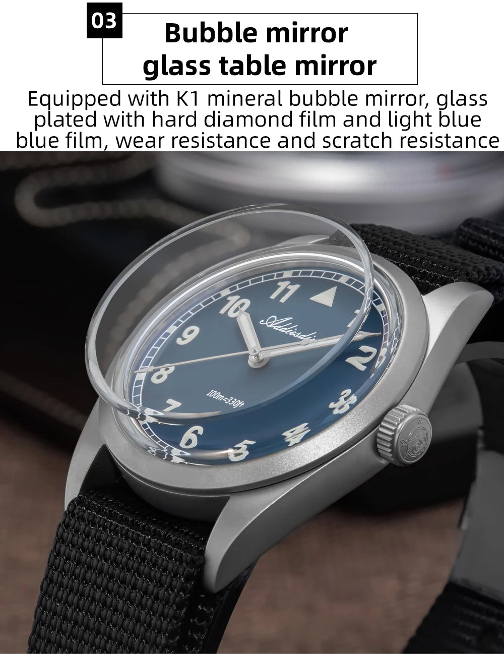 Herren-Quarzuhr mit Bubble-Glas und Nylonarmband