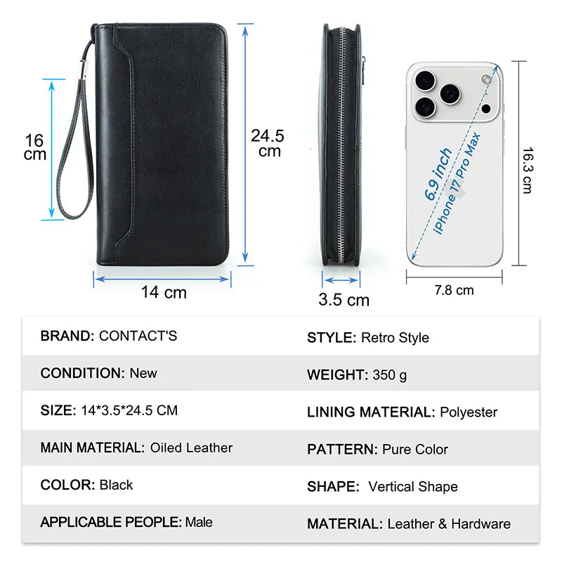 Schwarze Leder-Clutch-Tasche mit Reißverschluss, Maße und Frontansicht
