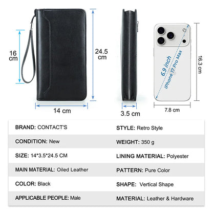 Schwarze Leder-Clutch-Tasche mit Reißverschluss, Maße und Frontansicht