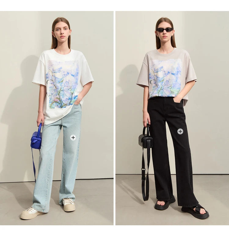 Damen T-Shirt im Minimalismus-Stil mit Kunstöl-Farbdruck für den Sommer