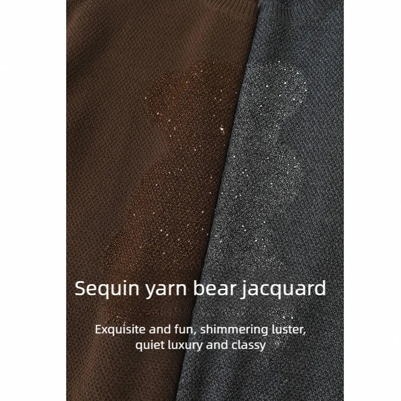 Damen-Rundhalspullover Jacquard Aushöhlung Perlenstickerei locker Winter