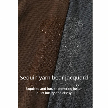 Damen-Rundhalspullover Jacquard Aushöhlung Perlenstickerei locker Winter