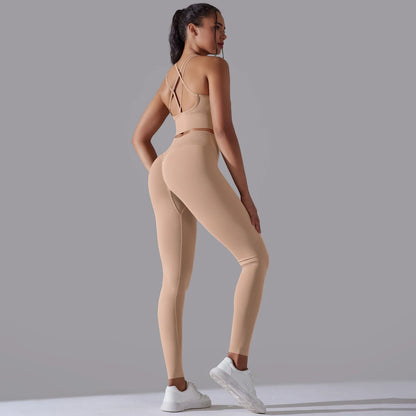 Hellbeiges nahtloses Yoga-Set: Sport-BH und High-Waist-Leggings, Spaghettiträger