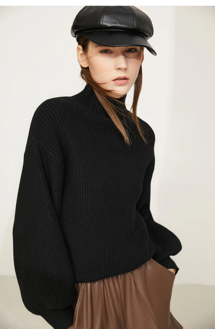 Schwarzer Damen-Strickpullover mit Stehkragen und breiten, locker fallenden Ärmeln