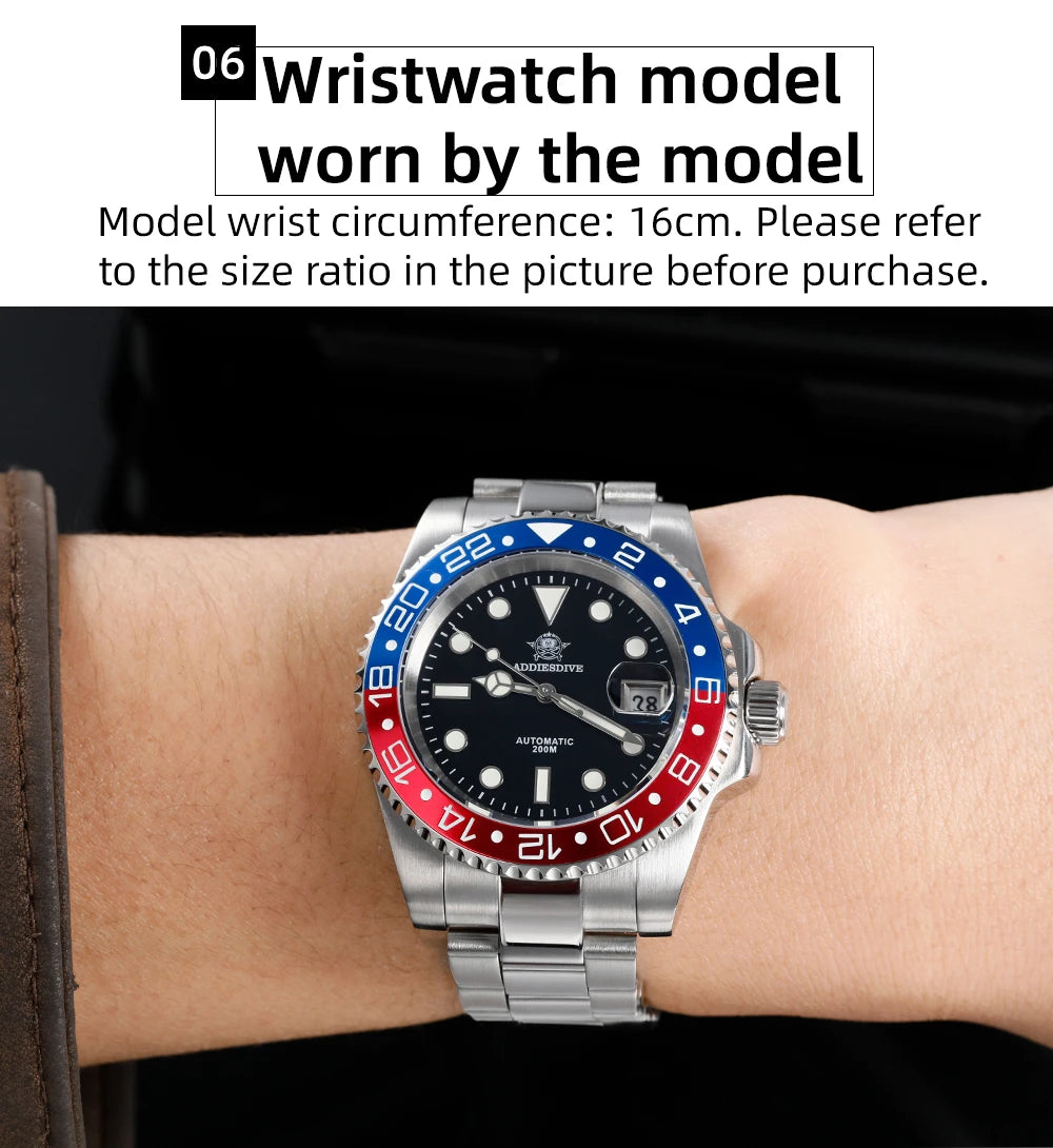 Herren Business-Automatikuhr 8215 Saphirglas 200m wasserdicht GMT Leuchtzeiger