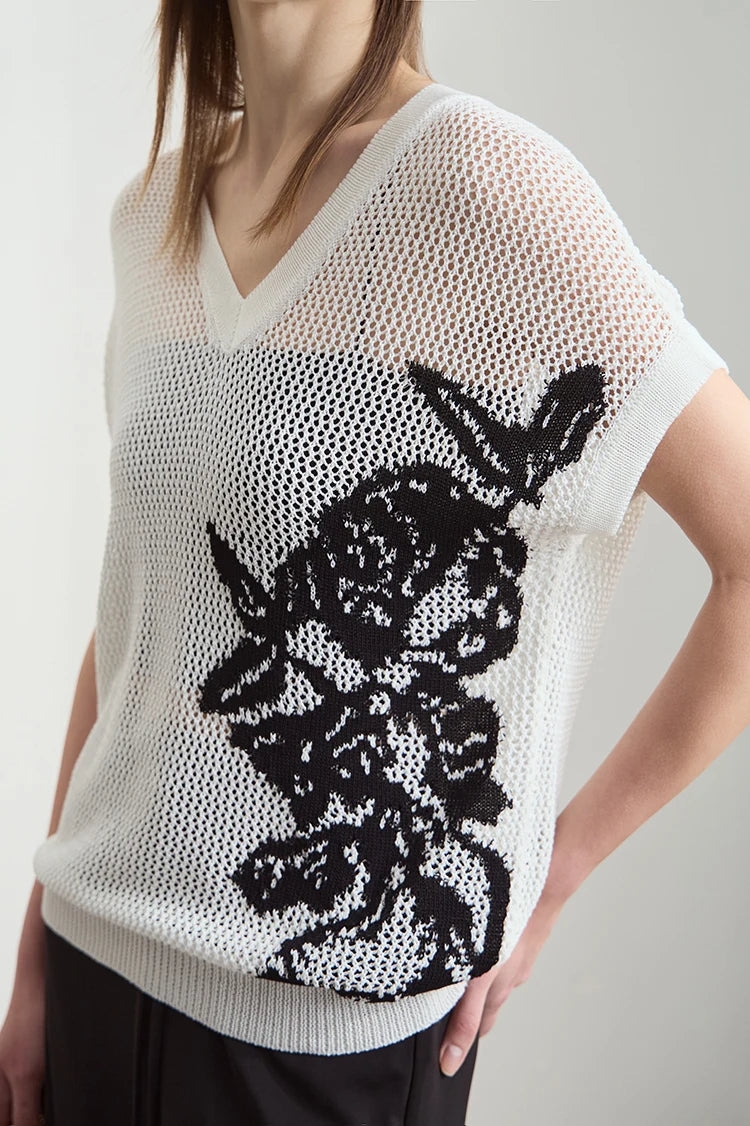 Damen V-Ausschnitt Pullover Viskose Kurzarm Aushöhlung Sommer