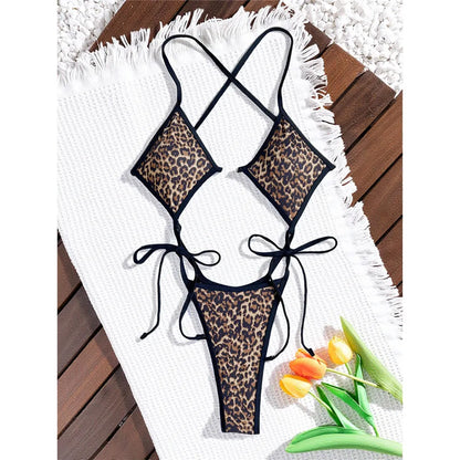Damen-Badeanzug Leopard Micro-Tanga Weste High-Leg gepolstert