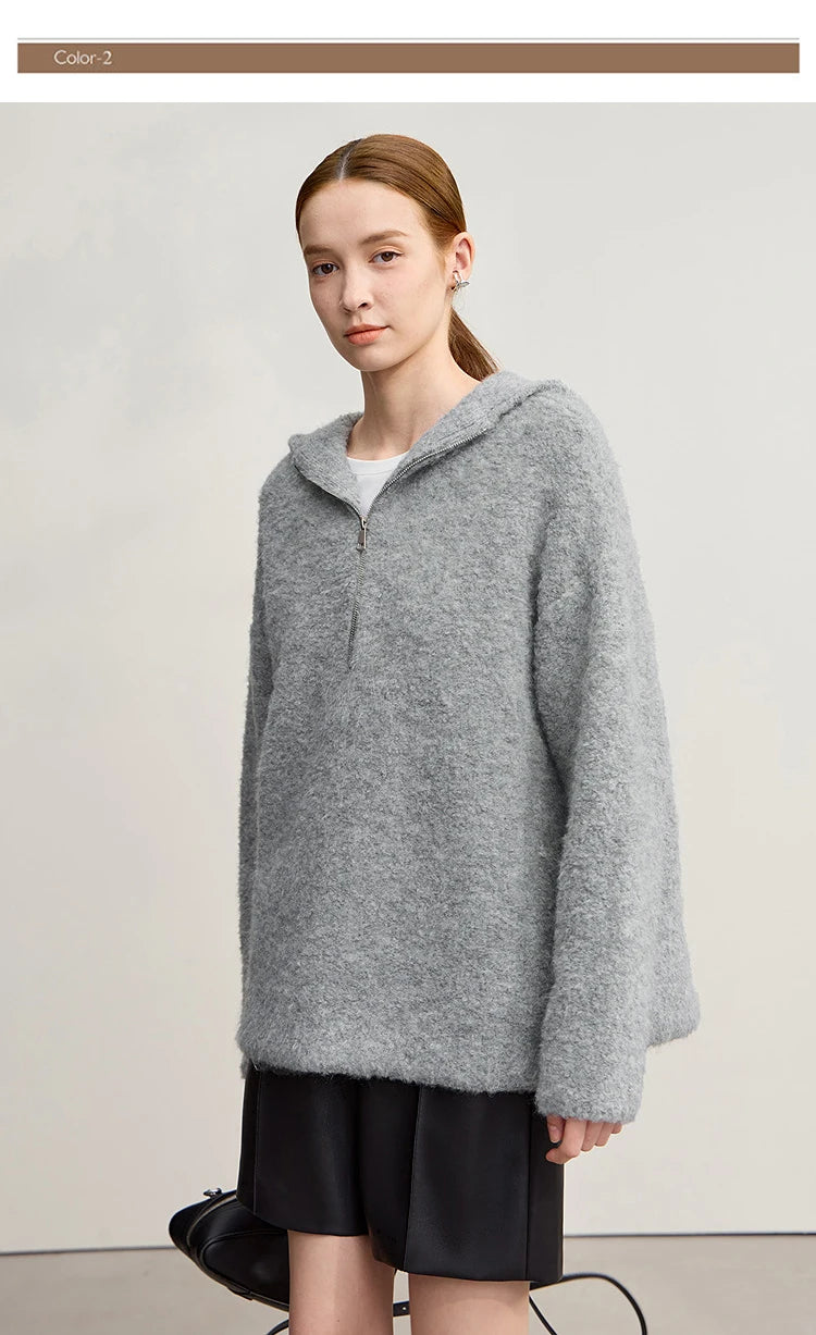 Damen-Kapuzenpullover Wolle Reißverschluss locker dick warm Winter