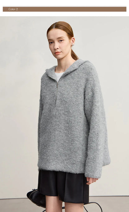 Damen-Kapuzenpullover Wolle Reißverschluss locker dick warm Winter