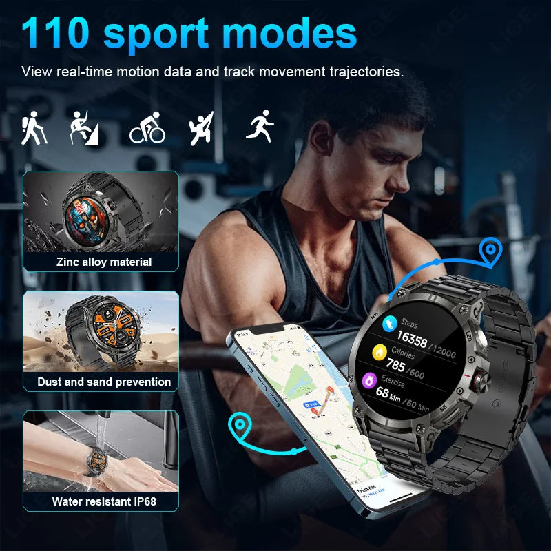 Herren Smartwatch mit Bluetooth Anruf Funktion und Fitness Tracker für Outdoor Aktivitäten