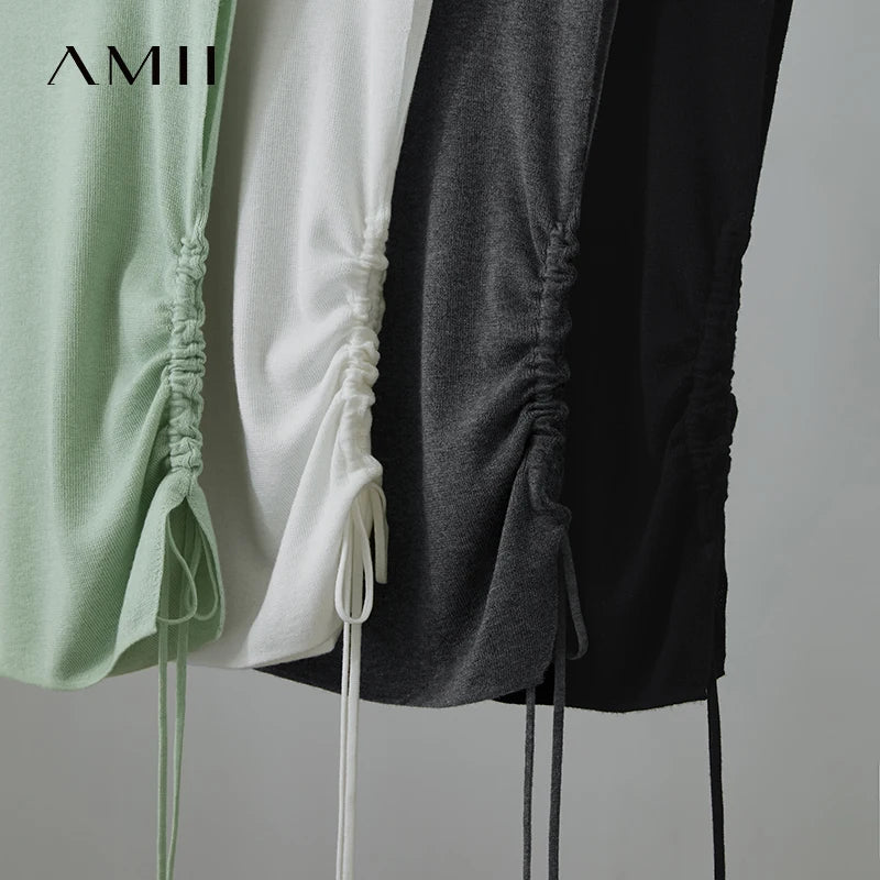 Damen-Halbrollkragen-Pullover Slim Kordelzug Wolle-Mix Sommer