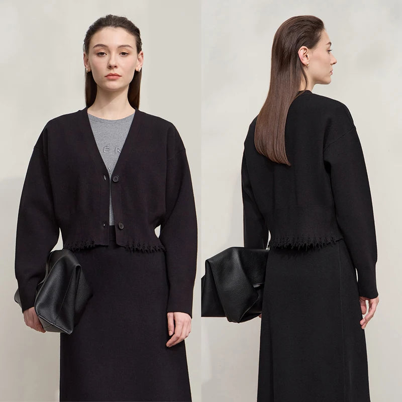 Damen-Strickjacke V-Ausschnitt kurz Quaste locker Langarm Herbst