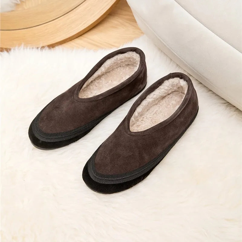 Damen Schneestiefel, flache Slip-on Boots, dunkelbraunes Veloursleder mit warmem Innenfutter