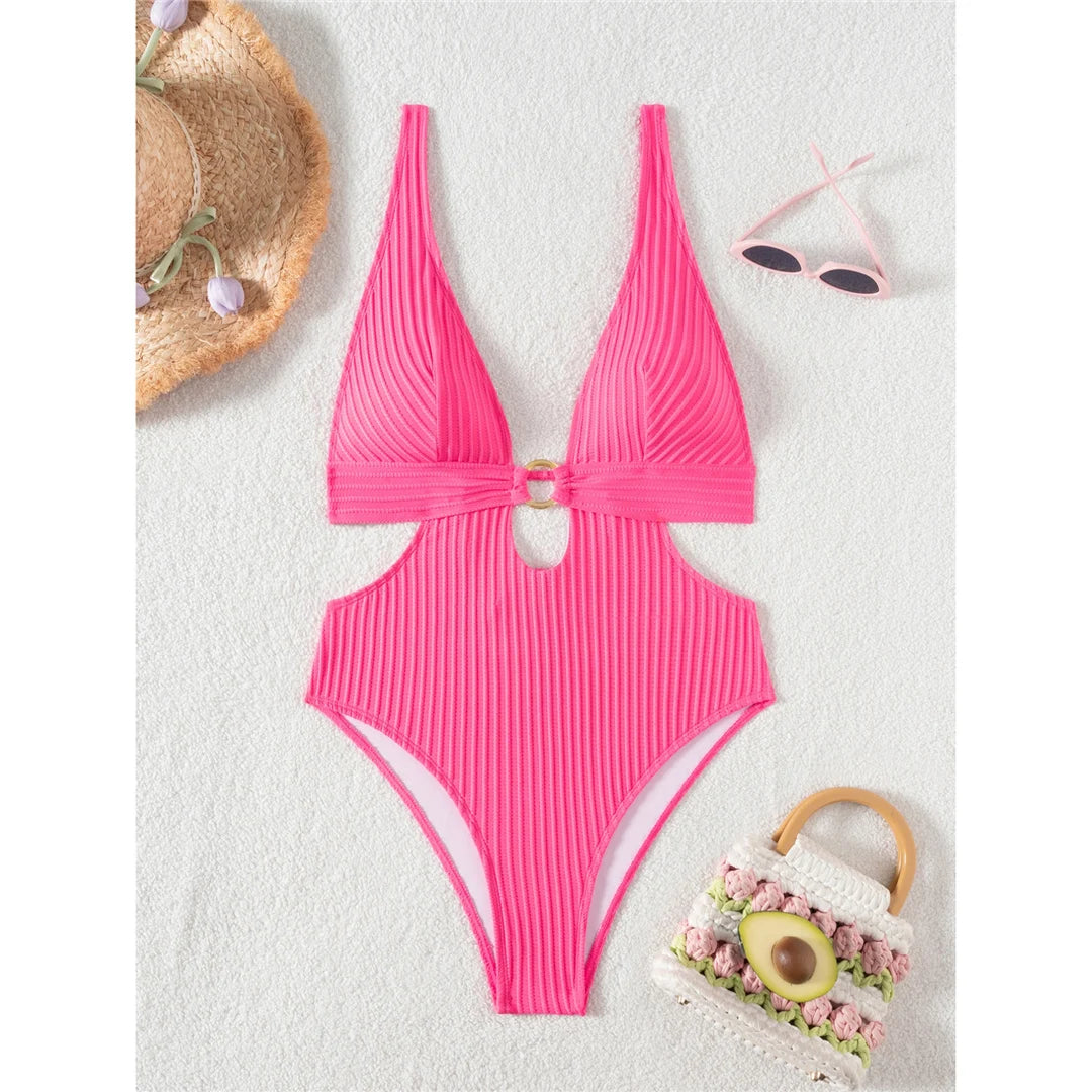 Damen Badeanzug tiefer V-Ausschnitt Cut-Out Monokini hoher Beinausschnitt 8 Farben