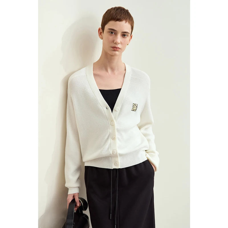 Damen-Strickjacke Wolle V-Ausschnitt Patchwork Stickerei kurz Französisch Herbst