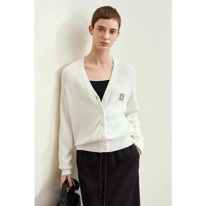 Damen-Strickjacke Wolle V-Ausschnitt Patchwork Stickerei kurz Französisch Herbst