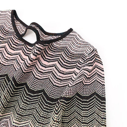 Elegantes Damen-Midikleid mit Rundhalsausschnitt und langen Ärmeln im Patchwork-Design mit Diamantenmuster
