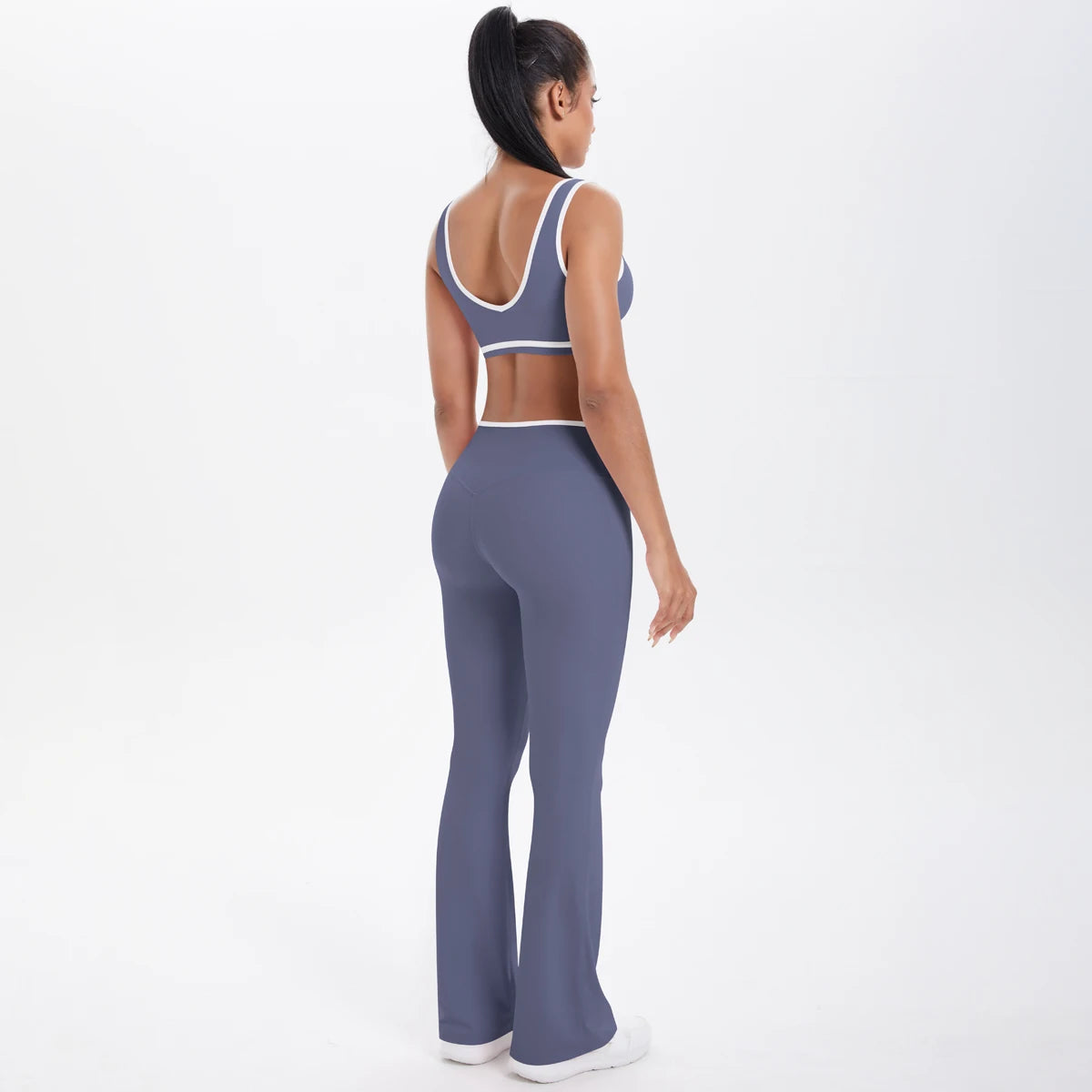 Yoga-Set mit Sport-BH und Leggings, hoher Bund, dunkelblau-grau, Rückansicht mit Trägern